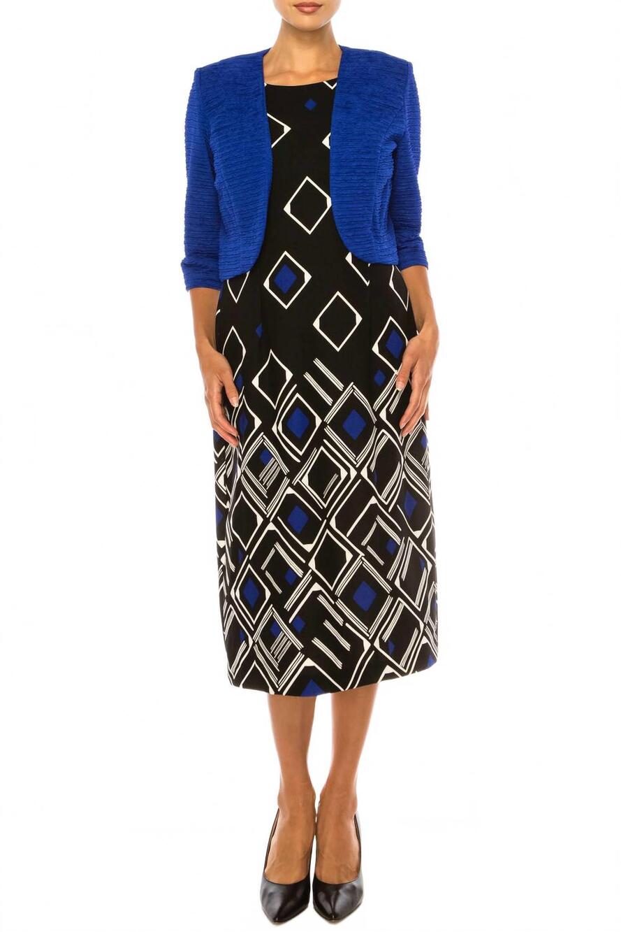 NEW MAYA BROOKE diamond print jacket dress 2-piece set in cobalt black